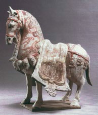 Fig1. Standing horse with bridle and blanketed saddle, Eastern Wei Period. Anthony M. Solomon collection