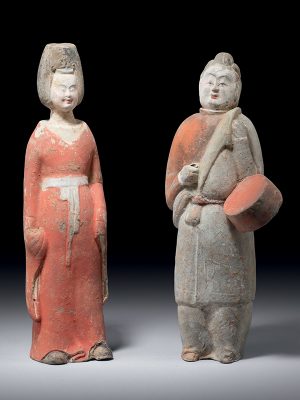 Pottery figures of a dancer and a drummer