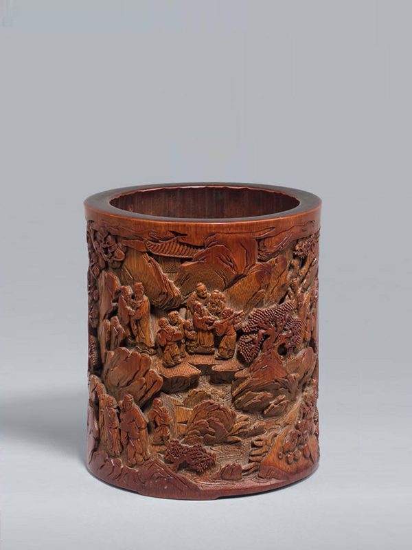 Bamboo brushpot with figures in landscape