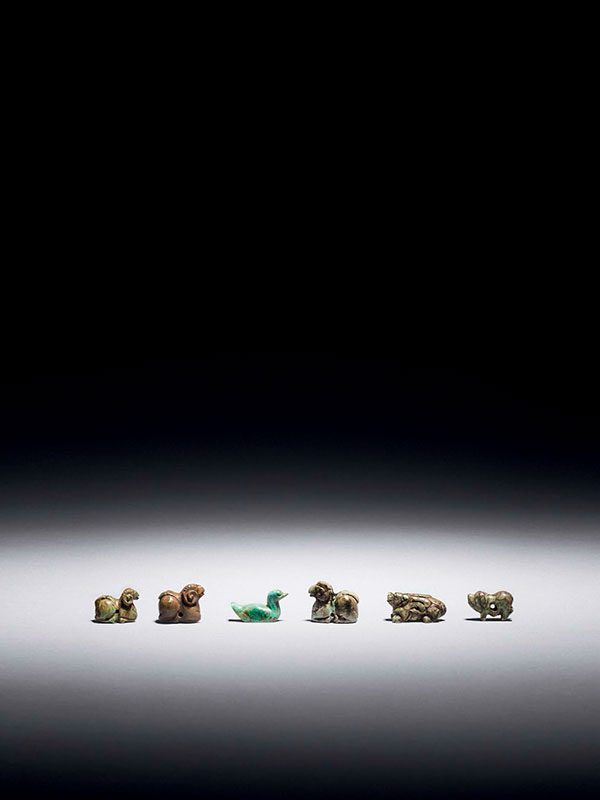 Group of six turquoise animal carvings
