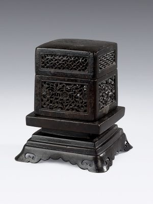 Bronze reticulated square incense box and stand