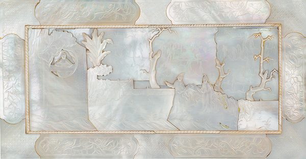 Mother-of-pearl panel with figures in a landscape