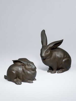 Pair of bronze okimono of rabbits