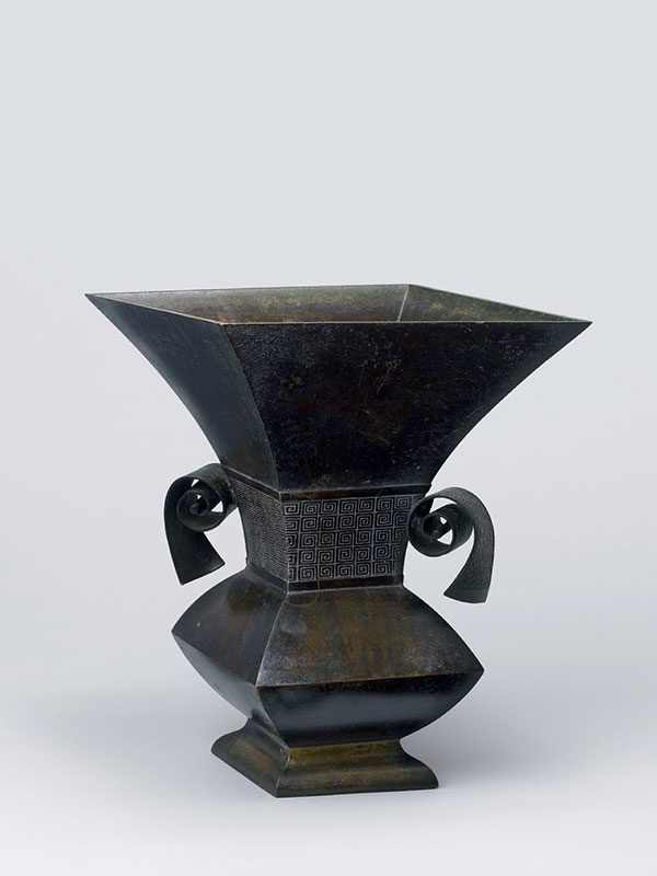 Square bronze vase with loop handles