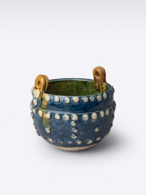 Pottery blue-glazed miniature cauldron