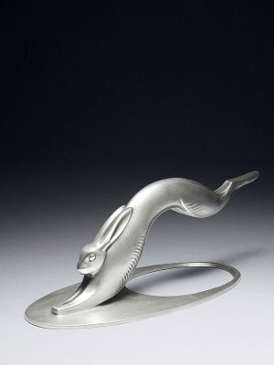 Shibuichi sculpture of a hare leaping over the moon