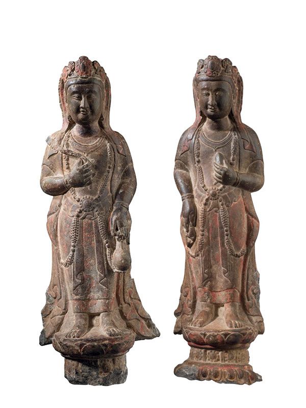 Two limestone sculptures of Bodhisattva