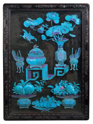 Panel applied with kingfisher feathers in zitan frame