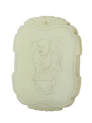 Jade plaque with boy holding a spray of lingzhi
