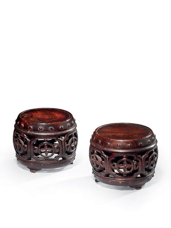 Two miniature hardwood stools