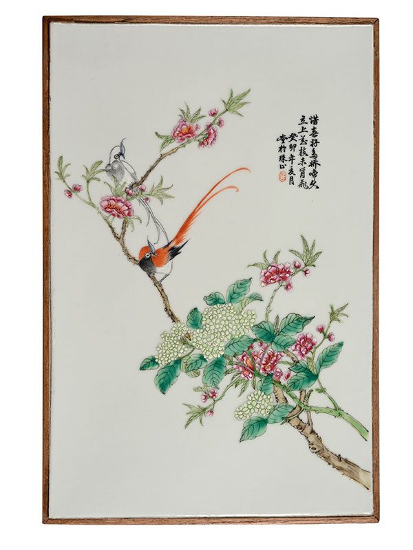 Porcelain plaque with two ribbon-tailed birds