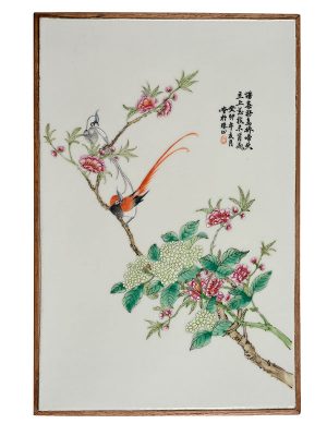 Porcelain plaque with two ribbon-tailed birds