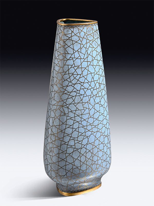 Triangular cloisonné enamel vase
