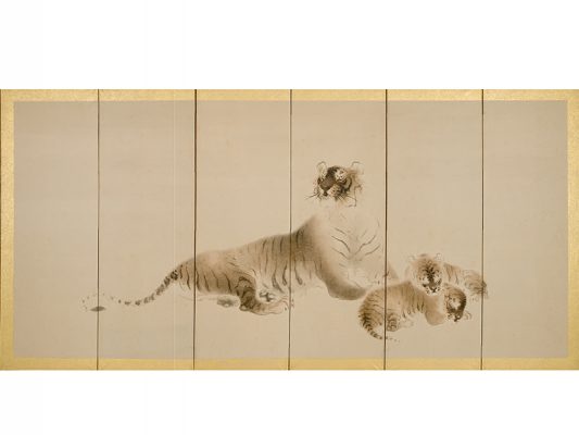 Six-­fold paper screen with tiger and her cubs