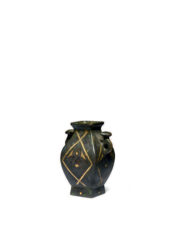 Miniature bronze vessel with gold and silver inlaid decoration