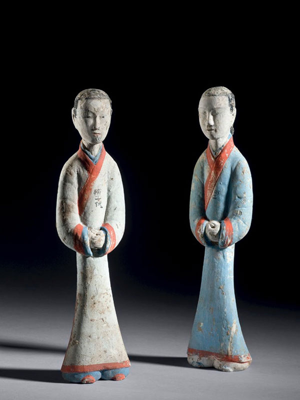 Two inscribed pottery figures of attendants