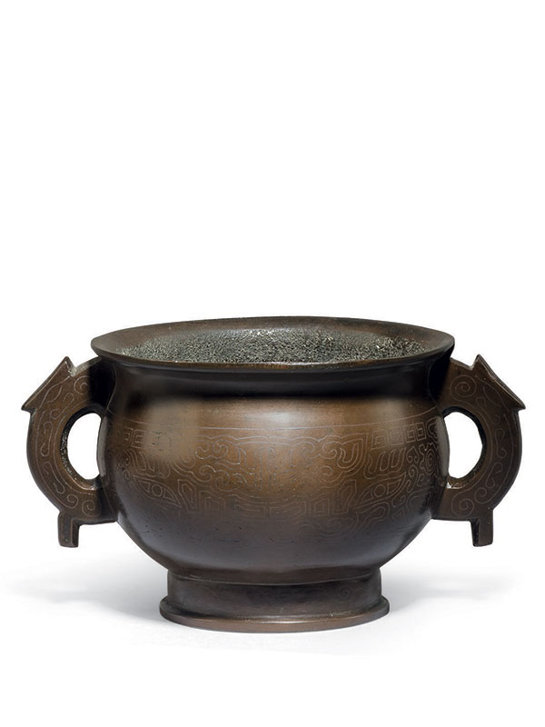 Silver inlaid bronze censer of gui form