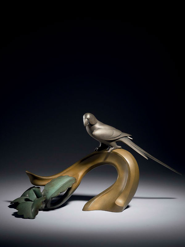 Bronze okimono of bird on a branch by Yamazaki Seimei
