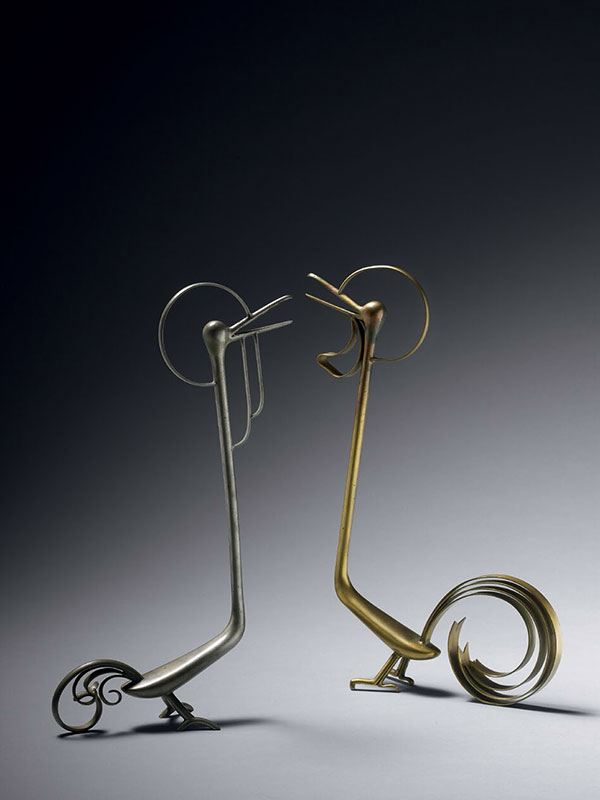 Two metal sculptures of birds, by Katou Sougen