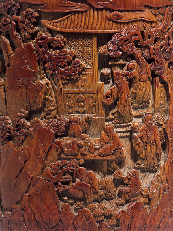 Bamboo brushpot with figures in landscape