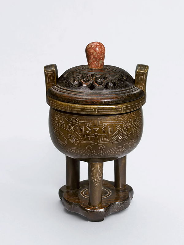 Silver inlaid bronze censer of ding form
