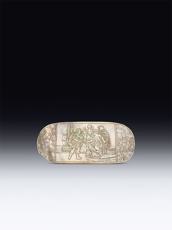 Mother-of-pearl plaque carved with Baron van Imhoff receiving a scroll