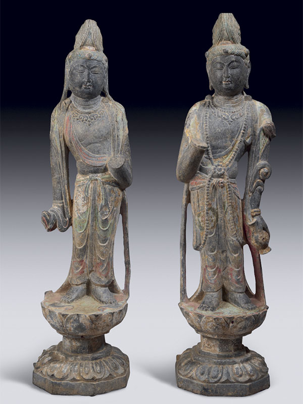A pair of limestone sculptures of Bodhisattva