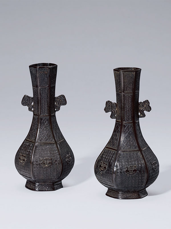 30 Pair of bronze hexagonal vases